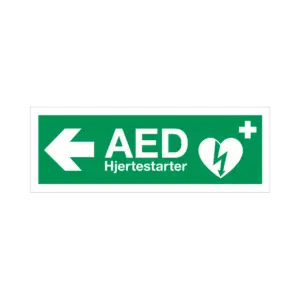 AED skilt, henvisningsskilt, venstre, efterlysende